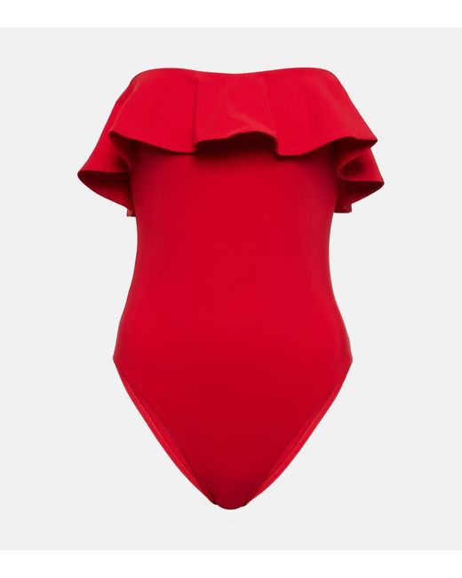 Karla Colletto Red Ruffled Bandeau Swimsuit