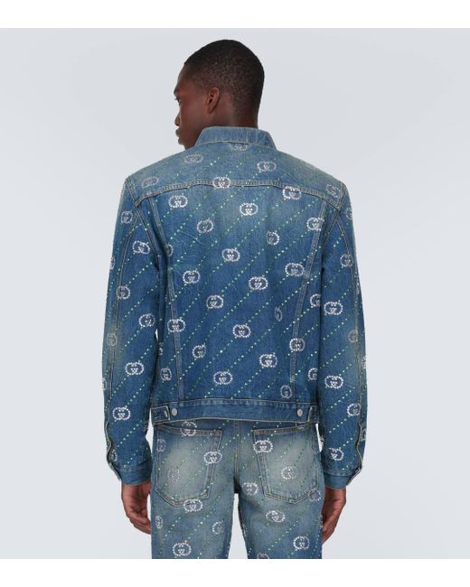 Veste Interlocking G en jean a cristaux Gucci pour homme en coloris Blue