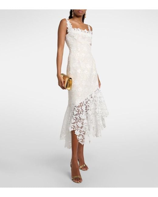 Oscar de la Renta White Floral Lace-Trimmed Tweed Midi Dress