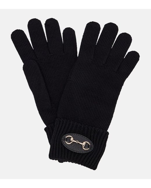 Gucci Black Horsebit Ribbed-Knit Wool Gloves