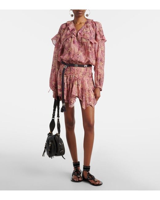 Isabel Marant Pink Charis Printed Ruffled Silk Blouse