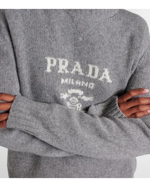 Prada Gray Logo Intarsia Wool And Cashmere Sweater