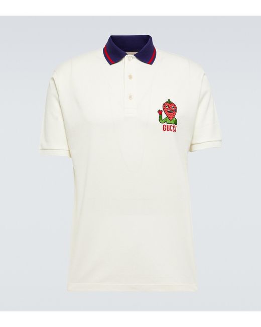 Gucci White Embroidered Cotton-blend Polo Shirt for men