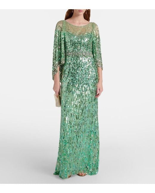 Jenny Packham Green Ines Embellished Sequined Gown