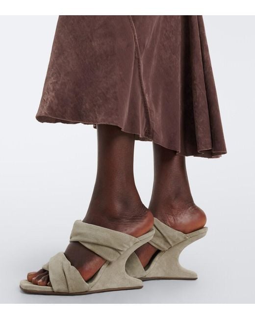 Rick Owens White Twisted Cantilever Suede Wedge Mules