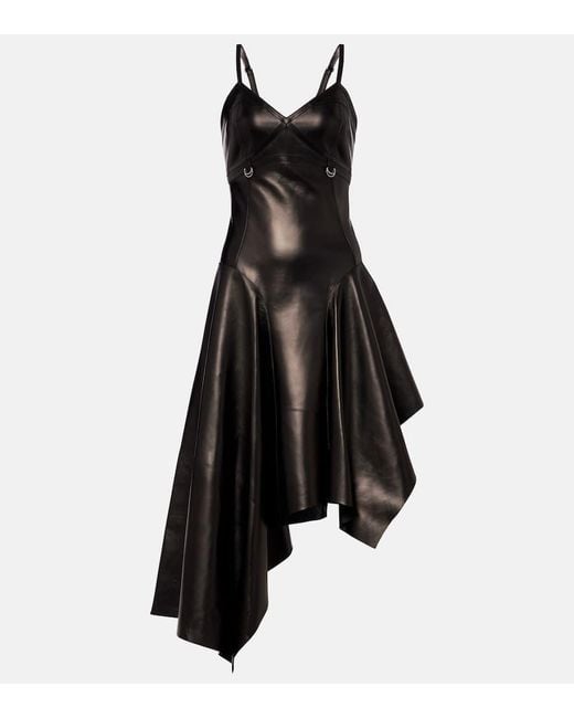 Alexander McQueen Black Asymmetric Leather Midi Dress