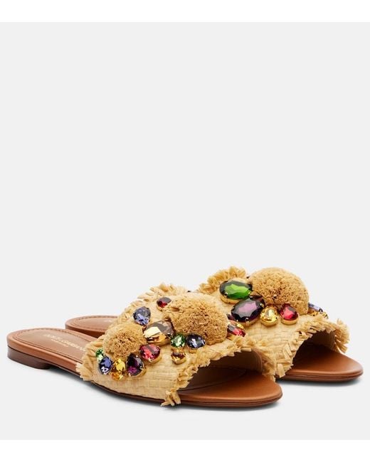 Dolce & Gabbana Brown Embellished Raffia-Effect Slides