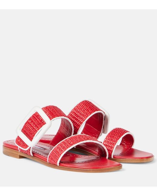 Manolo Blahnik Red Sandalen Tituba Aus Raffiabast Mit Leder