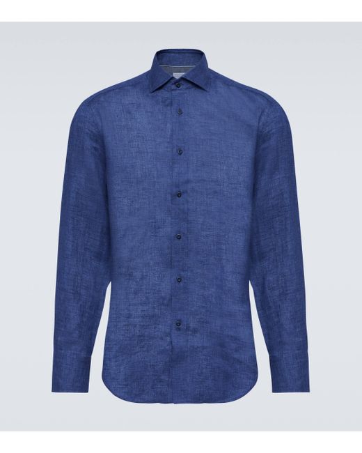 Brunello Cucinelli Blue Linen Shirt for men