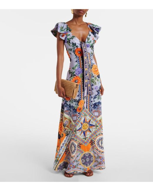 Camilla Blue Printed Linen And Silk Maxi Dress