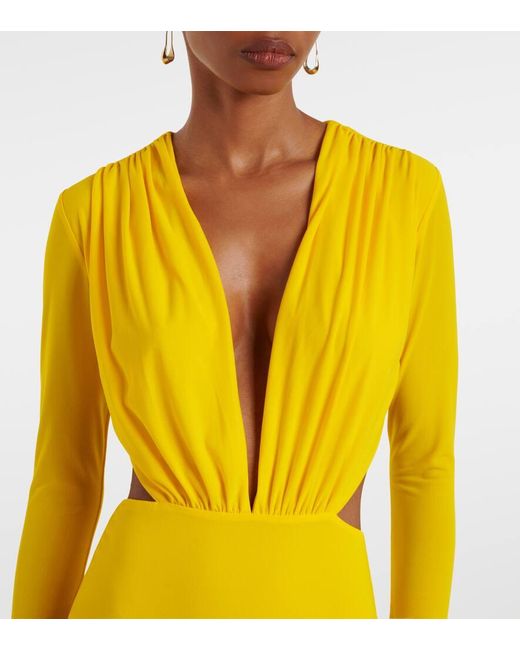 Alex Perry Yellow Ruched Open-Back Crepe Jersey Gown