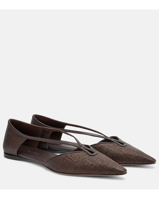 Max Mara Brown Volpino Leather-Trimmed Woven Ballet Flats