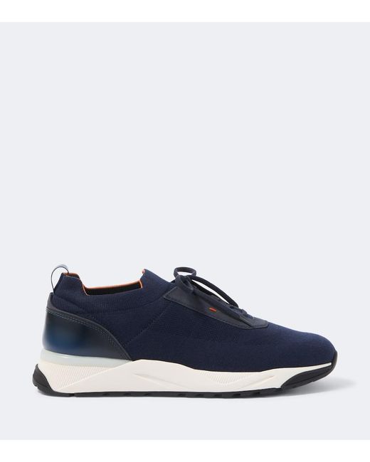 Santoni Blue Leather-Trimmed Knitted Sneakers for men