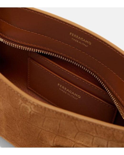 Ferragamo Brown Hug Mini Croc-Effect Suede Clutch