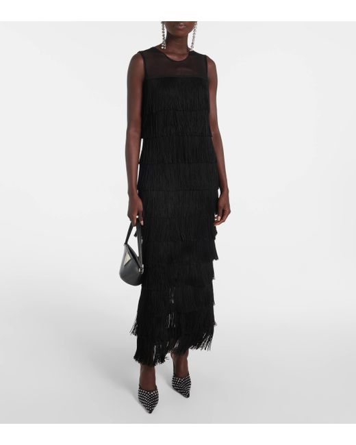 Norma Kamali Black Fringed Tiered Maxi Dress