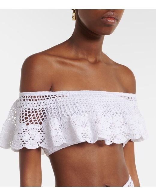 Anna Kosturova White Crochet Off-Shoulder Cotton Crop Top