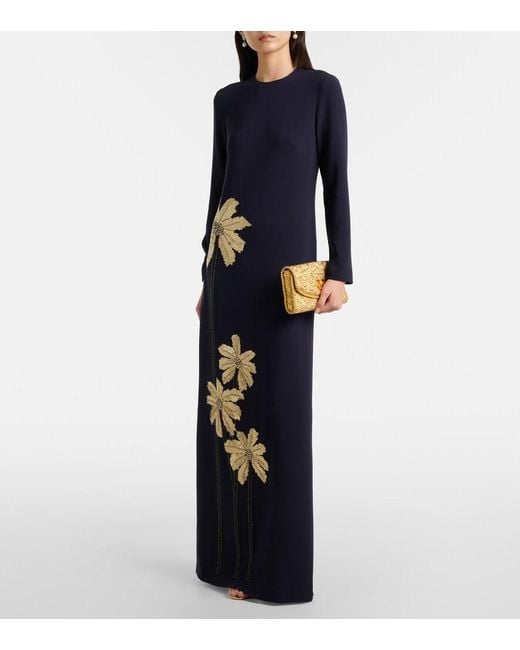 Costarellos Blue Nevina Crystal-Embellished Crepe Gown