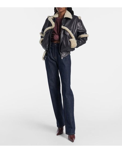 Magda Butrym Blue Leather Jacket With Unique Fur Insert