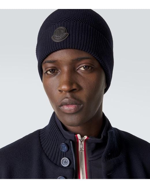 Moncler Black Logo Virgin Wool Beanie for men