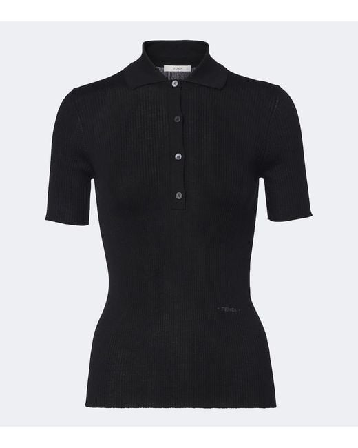 Fendi Black Ribbed-Knit Wool-Blend Polo Shirt
