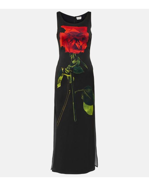 Robe Longue En Satin De Soie À Imprimé Fleuri Alexander McQueen en coloris Black