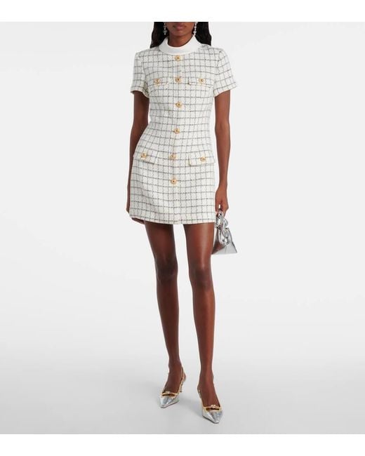 Self-Portrait White Checked Boucle Minidress