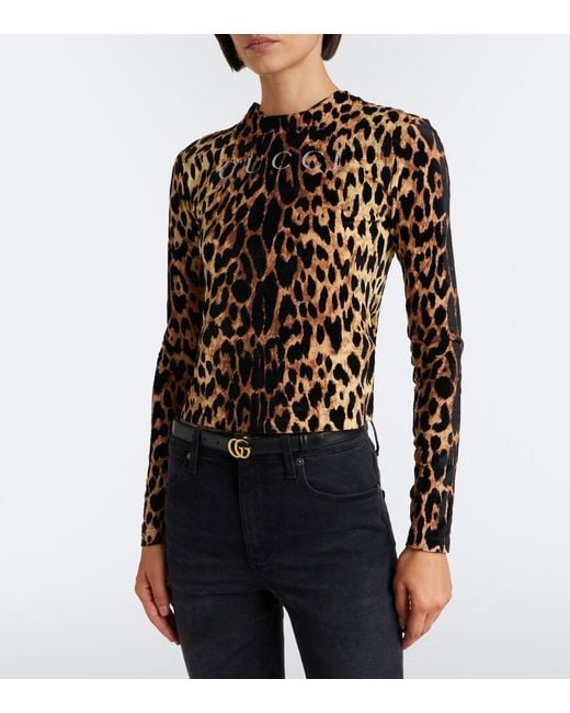 Gucci Black Logo Leopard-Print Cotton Jersey T-Shirt