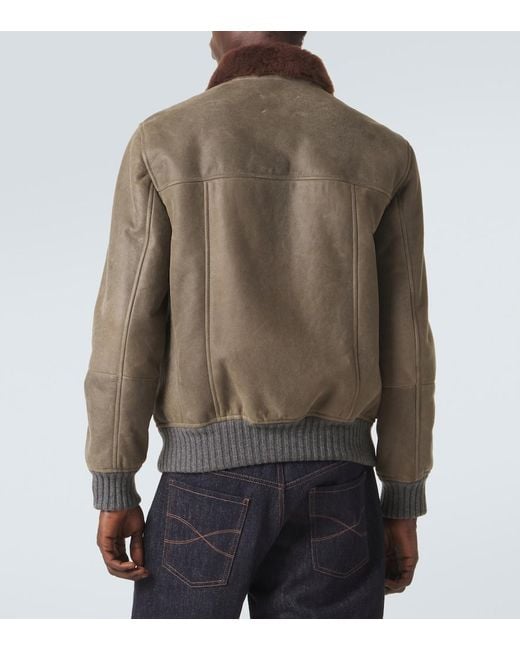 Brunello Cucinelli Green Shearling-Lined Leather Blouson Jacket for men