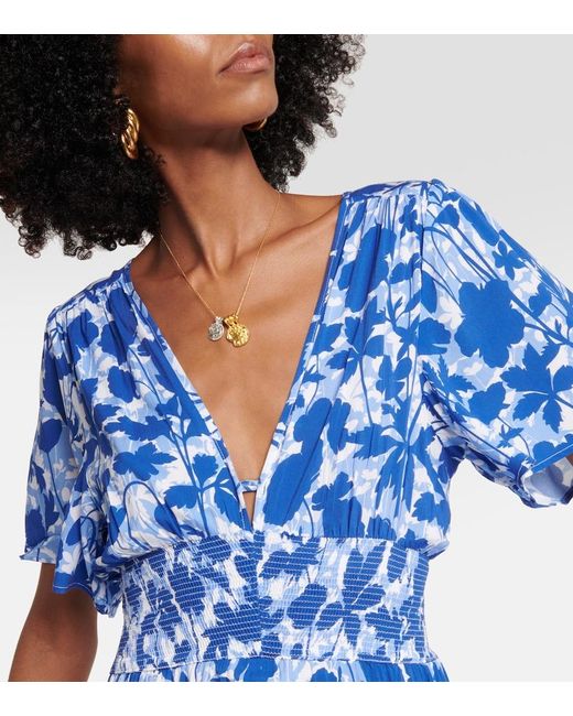 Heidi Klein Blue Tuscany Shirred Floral-print Mousseline Midi Dress