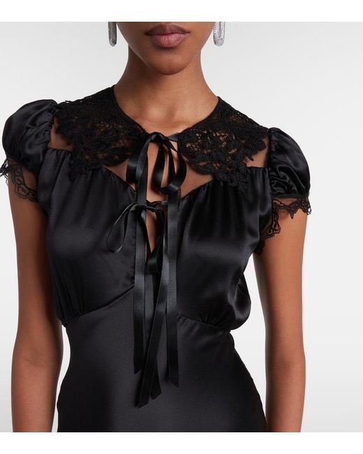 Rodarte Black Lace-Trimmed Silk Satin Maxi Dress