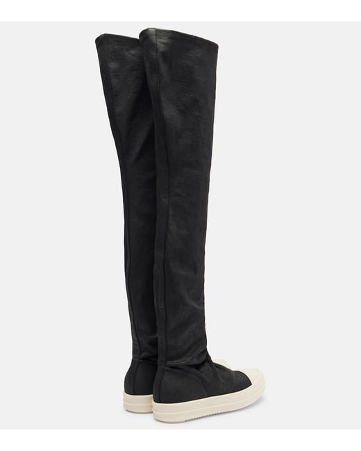 Rick Owens Black Coated Denim Over-The-Knee Boots