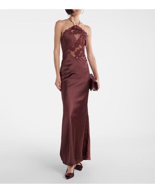 Self-Portrait Purple Lace-Trimmed Halterneck Satin Gown