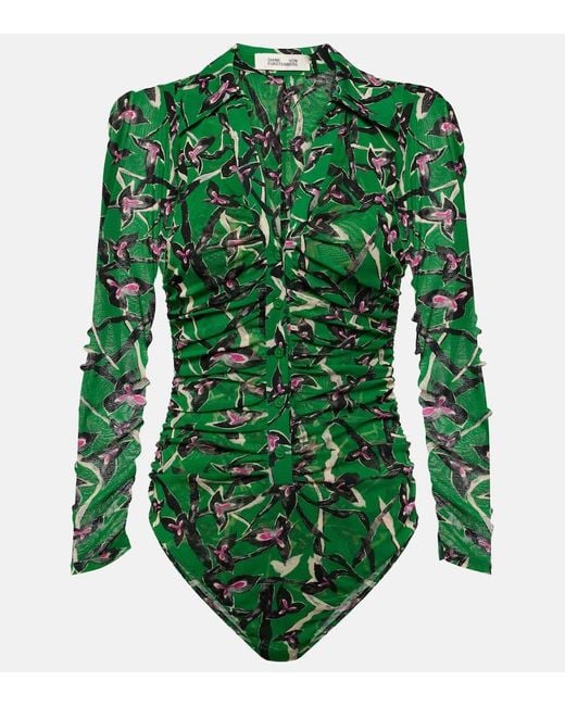 Diane von Furstenberg Green Giorgi Printed Mesh Bodysuit