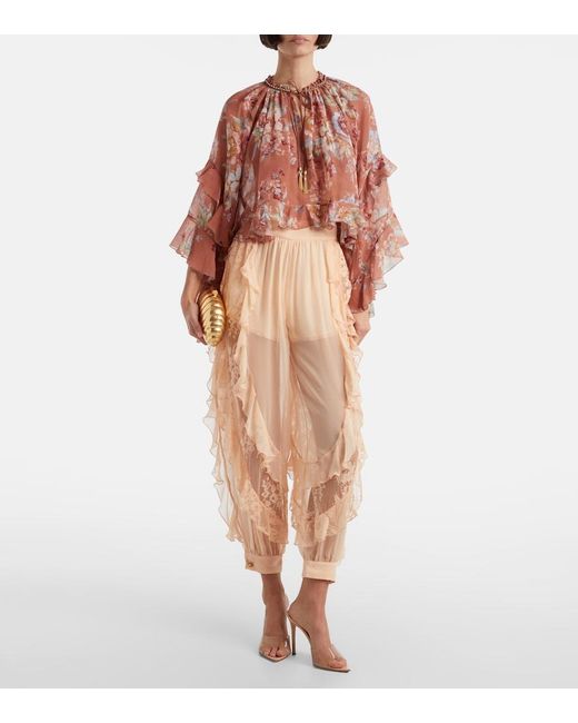 Zimmermann Natural Rebellion Splice Ruffled Silk Tapered Pants