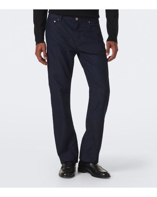 Etro Blue Jacquard Cotton-Blend Slim Pants for men