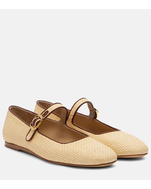 Le Monde Beryl Brown Leather-Trimmed Raffia Mary Jane Flats