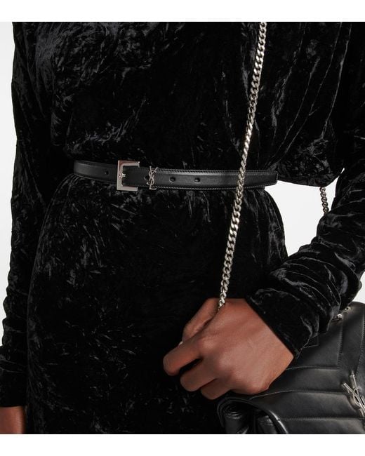 Saint Laurent Black Cassandre Thin Belt With Square Buckle In Grain De Poudre-embossed Leather