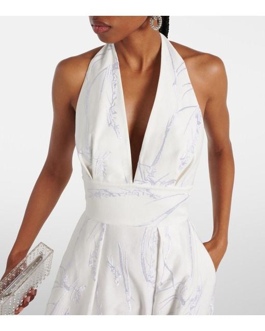 Elie Saab White Embroidered Halterneck Cotton-Blend Gown