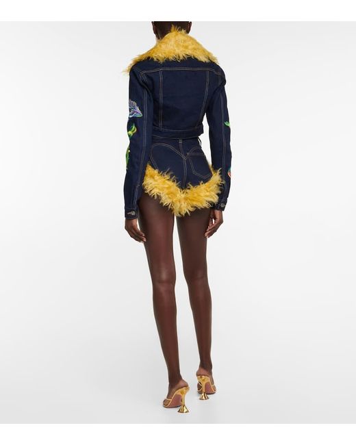 Area Blue Mohair-Trimmed Cropped Denim Jacket