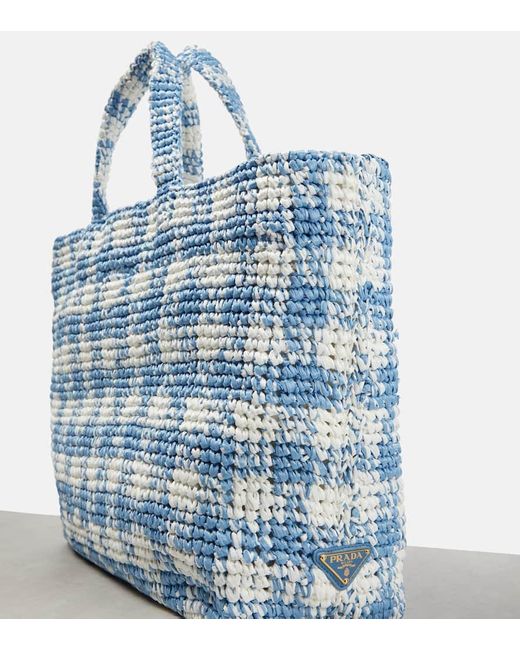 Prada Blue Logo Raffia-Effect Shopper