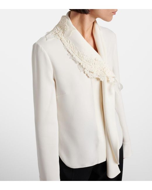 Oscar de la Renta White Lace-Trimmed Silk-Blend Georgette Blouse