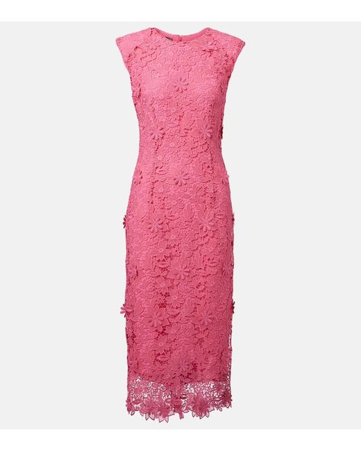 Monique Lhuillier Pink Hibiscus Floral Lace Midi Dress