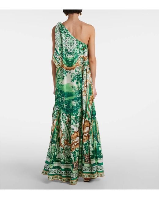 Camilla Green Printed One-Shoulder Silk Maxi Dress