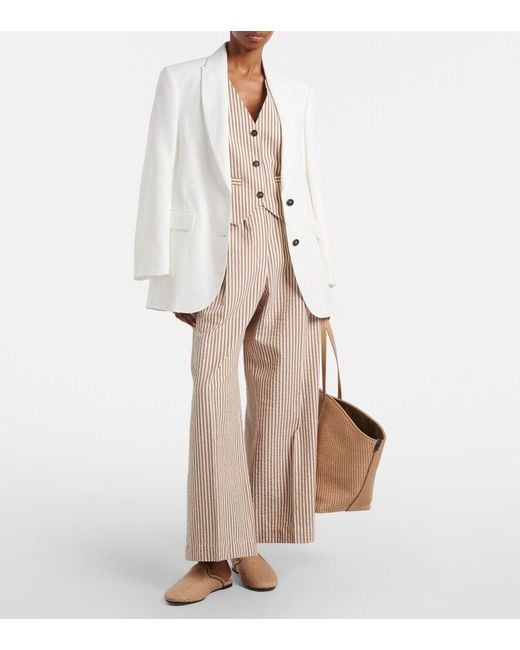 Brunello Cucinelli Natural Striped Cotton-Blend Wide-Leg Pants