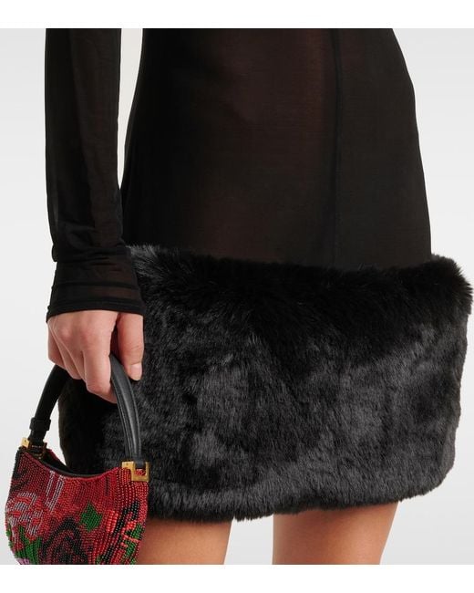 Magda Butrym Black Sheer Faux Fur-Trimmed Minidress