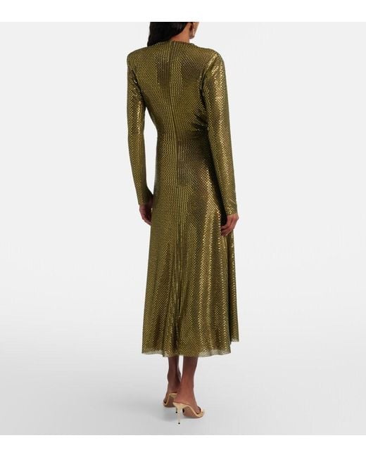 Self-Portrait Green Gathered Rhinestone-Embellished Midi Dress