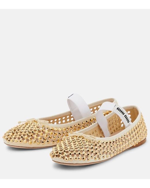 Miu Miu Natural Crystal-Embellished Leather Ballet Flats