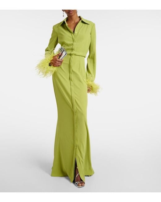Roland Mouret Green Feather-Trimmed Crepe Satin Shirt Dress