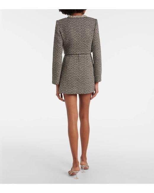 Self-Portrait Gray Herringbone Embellished Miniskirt