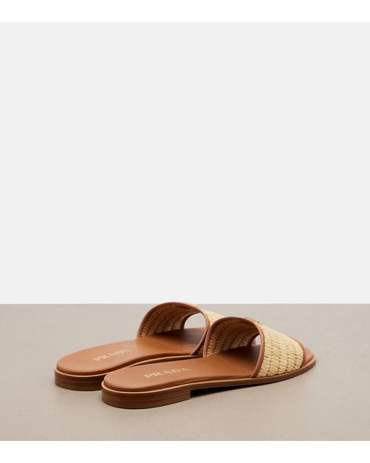 Prada Brown Leather And Raffia Slides